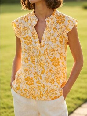 Karl Lagerfeld Paris NWT Yellow Floral Split V-Neck Flutter Sleeve Top